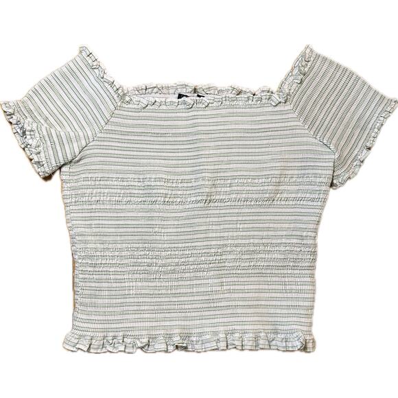 Zara Women's Off Shoulder Crop Top Striped Ruffle Trim Smocked green top size XL - Picture 1 of 4